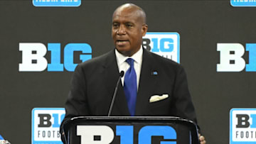 Jul 22, 2021; Indianapolis, Indiana, USA; Big 10 commissioner Kevin Warren speaks to the media during Big 10 media days at Lucas Oil Stadium. Mandatory Credit: Robert Goddin-USA TODAY Sports