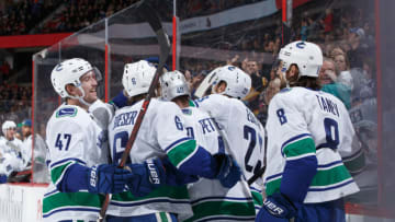 OTTAWA, ON - JANUARY 2: Elias Pettersson #40 of the Vancouver Canucks celebrates his second period goal against the Ottawa Senators with teammates Sven Baertschi #47, Brock Boeser #6, Alexander Edler #23 and Christopher Tanev #8 at Canadian Tire Centre on January 2, 2019 in Ottawa, Ontario, Canada. (Photo by Andre Ringuette/NHLI via Getty Images)