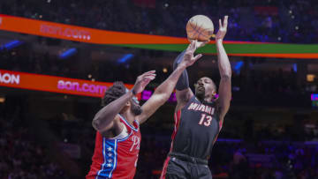 Bam Adebayo #13 of the Miami Heat shoots the ball against Joel Embiid #21 of the Philadelphia 76ers(Photo by Mitchell Leff/Getty Images)