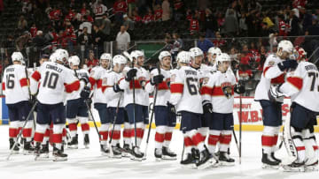 NEWARK, NJ- OCTOBER 14: The Florida Panthers celebrate after defeating the New Jersey Devils 5-4 on October 14, 2019 at Prudential Center in Newark, New Jersey. (Photo by Andy Marlin/NHLI via Getty Images)