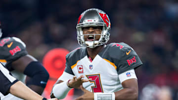 NEW ORLEANS, LA - NOVEMBER 5: Jameis Winston No. 3 of the Tampa Bay Buccaneers signals the play during a game against the New Orleans Saints at Mercedes-Benz Superdome on November 5, 2017 in New Orleans, Louisiana. The Saints defeated the Buccaneers 30-10. (Photo by Wesley Hitt/Getty Images)