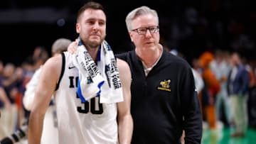 BIRMINGHAM, ALABAMA - MARCH 16: Head coach Fran McCaffery hugs Connor McCaffery #30 of the Iowa Hawkeyes after the loss to the Auburn Tigers in the first round of the NCAA Men's Basketball Tournament at Legacy Arena at the BJCC on March 16, 2023 in Birmingham, Alabama. (Photo by Alex Slitz/Getty Images)