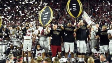 Jan 11, 2016; Glendale, AZ, USA; Alabama Crimson Tide players celebrate after defeating the Clemson Tigers in the 2016 CFP National Championship at University of Phoenix Stadium. Mandatory Credit: Matt Kartozian-USA TODAY Sports