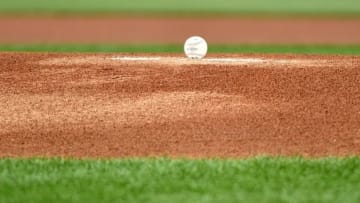 Jun 15, 2016; Philadelphia, PA, USA; Baseball waits on the mound before start of game between Philadelphia Phillies and Toronto Blue Jays at Citizens Bank Park. Mandatory Credit: Eric Hartline-USA TODAY Sports
