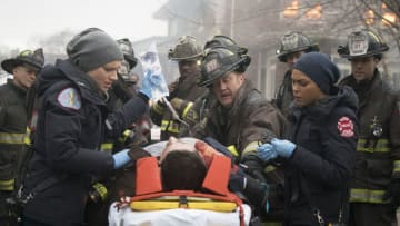 CHICAGO FIRE -- "The Chance To Forgive" Episode 615 -- Pictured: (l-r) Kara Killmer as Sylvie Brett, Christian Stolte as Mouch, Monica Raymund as Gabriela Dawson -- (Photo by: Elizabeth Morris/NBC)