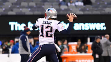 Nov 27, 2016; East Rutherford, NJ, USA; New England Patriots quarterback Tom Brady (12) throws the ball during warm ups prior to the game against the New York Jets at MetLife Stadium. Mandatory Credit: Robert Deutsch-USA TODAY Sports