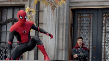 Doctor Strange (Benedict Cumberbatch) looks on at Spider-Man in Columbia Pictures' SPIDER-MAN: NO WAY HOME. Courtesy of Sony Pictures. ©2021 CTMG. All Rights Reserved. MARVEL and all related character names: © & ™ 2021 MARVEL