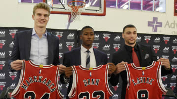 Zach LaVine, Lauri Markkanen, Kris Dunn, Chicago Bulls Mandatory Credit: David Banks-USA TODAY Sports