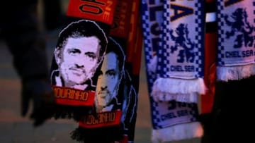 MANCHESTER, ENGLAND - DECEMBER 28: Manchester United scarves displaying the image of former Chelsea manager Jose Mourinho are sold outside the stadium before the Barclays Premier League match between Manchester United and Chelsea at Old Trafford on December 28, 2015 in Manchester, England. (Photo by Alex Livesey/Getty Images)