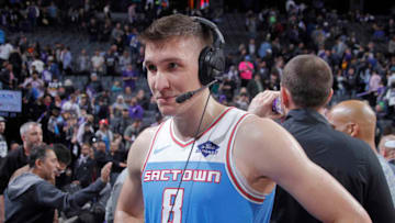 SACRAMENTO, CA - APRIL 4: Bogdan Bogdanovic #8 of the Sacramento Kings speaks with media after defeating the Cleveland Cavaliers on April 4, 2019 at Golden 1 Center in Sacramento, California. NOTE TO USER: User expressly acknowledges and agrees that, by downloading and or using this photograph, User is consenting to the terms and conditions of the Getty Images Agreement. Mandatory Copyright Notice: Copyright 2019 NBAE (Photo by Rocky Widner/NBAE via Getty Images)