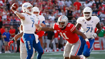 Ohio State Buckeyes defensive end Tyreke Smith (11) pressures Tulsa Golden Hurricane quarterback Davis Brin (7) during the third quarter of the NCAA football game at Ohio Stadium in Columbus on Saturday, Sept. 18, 2021.Tulsa At Ohio State Football