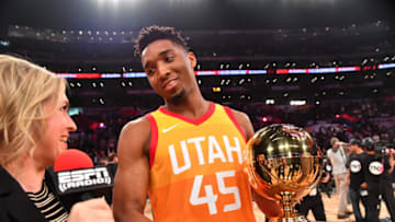 LOS ANGELES, CA - FEBRUARY 17: Donovan Mitchell #45 of the Utah Jazz talks to the media after winning the dunk contest during the Verizon Slam Dunk Contest during State Farm All-Star Saturday Night as part of the 2018 NBA All-Star Weekend on February 17, 2018 at STAPLES Center in Los Angeles, California. Copyright 2018 NBAE (Photo by Jesse D. Garrabrant/NBAE via Getty Images)