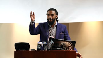 MEMPHIS, TN - APRIL 11: Mike Conley #11 of the Memphis Grizzlies makes a special announcement regarding the Methodist Healthcare Comprehensive Sickle Cell Center on April 11, 2019 at Methodist University Hospitals Center of Excellence in Faith and Health in Memphis, Tennessee. NOTE TO USER: User expressly acknowledges and agrees that, by downloading and or using this photograph, User is consenting to the terms and conditions of the Getty Images License Agreement. Mandatory Copyright Notice: Copyright 2019 NBAE (Photo by Joe Murphy/NBAE via Getty Images)