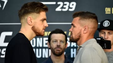 LAS VEGAS, NEVADA - JULY 04: (L-R) Edmen Shahbazyan and Jack Marshman of South Wales face off during the UFC 239 Ultimate Media Day at T-Mobile Arena on July 4, 2019 in Las Vegas, Nevada. (Photo by Chris Unger/Zuffa LLC/Zuffa LLC via Getty Images)