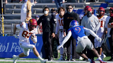 Oct 31, 2020; Lawrence, Kansas, USA; Iowa State Cyclones wide receiver Landen Akers (82) runs the ball as Kansas Jayhawks cornerback Karon Prunty (9) defends during the first half at David Booth Kansas Memorial Stadium. Mandatory Credit: Denny Medley-USA TODAY Sports