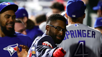 PHILADELPHIA, PENNSYLVANIA - SEPTEMBER 20: Jackie Bradley Jr. #25 of the Toronto Blue Jays reacts after hitting a three run home run during the ninth inning against the Philadelphia Phillies at Citizens Bank Park on September 20, 2022 in Philadelphia, Pennsylvania. (Photo by Tim Nwachukwu/Getty Images)
