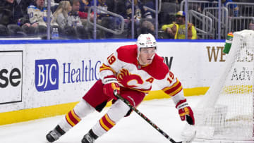 Jan 27, 2022; St. Louis, Missouri, USA; Calgary Flames left wing Matthew Tkachuk (19) skates against the St. Louis Blues during the third period at Enterprise Center. Mandatory Credit: Jeff Curry-USA TODAY Sports