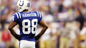 INDIANAPOLIS, IN - OCTOBER 17: Marvin Harrison #88 of the Indianapolis Colts takes a breather after the record breaking touchdown against the St. Louis Rams at the RCA Dome on October 17, 2005 in Indianapolis, Indiana. This Is touchdown reception 86 for the pair, a NFL record. The Colts defeated the Rams 45-28. (Photo by Andy Lyons/Getty Images)