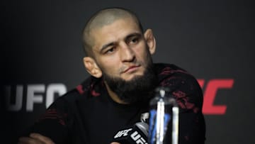 LAS VEGAS, NV - SEPTEMBER 10: Khamzat Chimaev speaks to the media following their UFC 279 win on September 9, 2022, at the T-Mobile Arena in Las Vegas, NV. (Photo by Amy Kaplan/Icon Sportswire)