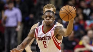 Apr 14, 2014; Houston, TX, USA; Houston Rockets forward Terrence Jones (6) controls the ball during the first quarter against the San Antonio Spurs at Toyota Center. Mandatory Credit: Troy Taormina-USA TODAY Sports