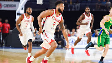 LAVAL, QC - SEPTEMBER 13: Canada point guard Cory Joseph (6) runs while dribbling the ball during the Brazil versus Canada FIBA Basketball WC Qualifier game on September 13, 2018, at Bell Place in Laval, QC (Photo by David Kirouac/Icon Sportswire via Getty Images)