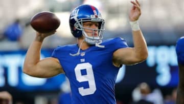 Aug 24, 2013; East Rutherford, NJ, USA; New York Giants quarterback Ryan Nassib (9) prior to the game against the New York Jets at MetLife Stadium. Mandatory Credit: Jim O