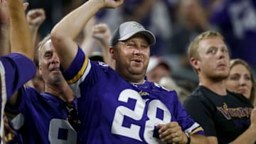 Sep 18, 2016; Minneapolis, MN, USA; A Minnesota Vikings fan cheers after a penalty was called on the Green Bay Packers late in the fourth quarter at U.S. Bank Stadium. The Vikings win 17-14. Mandatory Credit: Bruce Kluckhohn-USA TODAY Sports