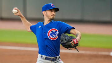 Apr 26, 2021; Cumberland, Georgia, USA; Chicago Cubs starting pitcher Zach Davies (27) pitches against the Atlanta Braves during the first inning at Truist Park. Mandatory Credit: Dale Zanine-USA TODAY Sports
