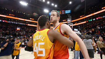 SALT LAKE CITY, UT - NOVEMBER 9: Donovan Mitchell #45 and Joe Ingles #2 of the Utah Jazz hug after the game against the Boston Celtics on November 9, 2018 at Vivint Smart Home Arena in Salt Lake City, Utah. NOTE TO USER: User expressly acknowledges and agrees that, by downloading and/or using this photograph, user is consenting to the terms and conditions of the Getty Images License Agreement. Mandatory Copyright Notice: Copyright 2018 NBAE (Photo by Melissa Majchrzak/NBAE via Getty Images)