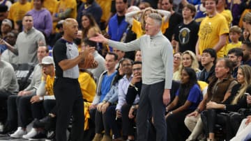 SAN FRANCISCO, CALIFORNIA - MAY 02: Head coach Steve Kerr of the Golden State Warriors reacts to a call during the fourth quarter against the Los Angeles Lakers in game one of the Western Conference Semifinal Playoffs at Chase Center on May 02, 2023 in San Francisco, California. NOTE TO USER: User expressly acknowledges and agrees that, by downloading and or using this photograph, User is consenting to the terms and conditions of the Getty Images License Agreement. (Photo by Ezra Shaw/Getty Images)