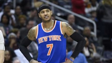 Nov 8, 2014; Atlanta, GA, USA; New York Knicks forward Carmelo Anthony (7) reacts after being called for a foul against the Atlanta Hawks during the second half at Philips Arena. The Hawks defeated the Knicks 103-96. Mandatory Credit: Dale Zanine-USA TODAY Sports