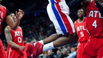 Mar 31, 2015; Auburn Hills, MI, USA; Detroit Pistons guard Reggie Jackson (1) goes to the basket during the first quarter against the Atlanta Hawks at The Palace of Auburn Hills. Mandatory Credit: Tim Fuller-USA TODAY Sports