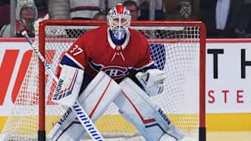 MONTREAL, QC - OCTOBER 26: Keith Kinkaid #37 of the Montreal Canadiens warms up prior to the game against the Toronto Maple Leafs in the NHL game at the Bell Centre on October 26, 2019 in Montreal, Quebec, Canada. (Photo by Francois Lacasse/NHLI via Getty Images)
