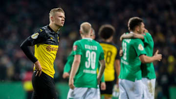 BREMEN, GERMANY - FEBRUARY 04: Erling Haaland of Borussia Dortmund reacts after the final whistle during the DFB Cup match between SV Werder Bremen and Borussia Dortmund at the Weserstadion on October 04, 2020 in Bremen, Germany. (Photo by Alexandre Simoes/Borussia Dortmund via Getty Images)