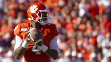 Oct 4, 2014; Clemson, SC, USA; Clemson Tigers quarterback Deshaun Watson (4) looks to pass the ball during the second quarter against the North Carolina State Wolfpack at Clemson Memorial Stadium. Mandatory Credit: Joshua S. Kelly-USA TODAY Sports