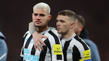 Newcastle United's Brazilian midfielder Bruno Guimaraes (L) and Newcastle United's English defender Kieran Trippier (R) react to their defeat on the pitch after the English League Cup final football match between Manchester United and Newcastle United at Wembley Stadium, north-west London on February 26, 2023. - Manchester United beat Newcastle 2-0 to win League Cup (Photo by ADRIAN DENNIS / AFP) / RESTRICTED TO EDITORIAL USE. No use with unauthorized audio, video, data, fixture lists, club/league logos or 'live' services. Online in-match use limited to 120 images. An additional 40 images may be used in extra time. No video emulation. Social media in-match use limited to 120 images. An additional 40 images may be used in extra time. No use in betting publications, games or single club/league/player publications. / (Photo by ADRIAN DENNIS/AFP via Getty Images)