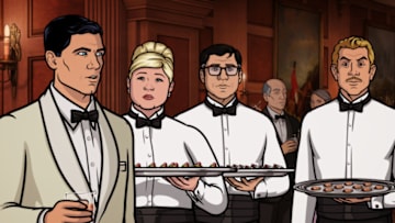 ARCHER -- " Bel Panto: Part I "-- Episode 705 (Airs Thursday, April 28, 10:00pm e/p) Pictured: (l-r) Sterling Archer (voice of H. Jon Benjamin), Pam Poovey (voice of Amber Nash), Cyril Figgis (voice of Chris Parnell), Ray Gillette (voice of Adam Reed). CR: FX