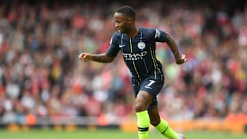 LONDON, ENGLAND - AUGUST 12: Raheem Sterling of Manchester City looks on during the Premier League match between Arsenal FC and Manchester City at Emirates Stadium on August 12, 2018 in London, United Kingdom. (Photo by Michael Regan/Getty Images)