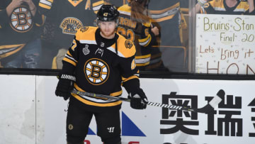 BOSTON, MA - JUNE 12: Torey Krug #47 of the Boston Bruins warms up before the game against the St. Louis Blues in Game Seven of the Stanley Cup Final during the 2019 NHL Stanley Cup Playoffs at the TD Garden on June 12, 2019 in Boston, Massachusetts. (Photo by Steve Babineau/NHLI via Getty Images)