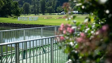 WHITE SULPHUR SPRINGS, WV - JULY 7 : The Fedexcup sign on the 18th hole during round three of A Military Tribute At The Greenbrier held at the Old White TPC course on July 7, 2018 in White Sulphur Springs, West Virginia. (Photo by Michael Owens/Getty Images)