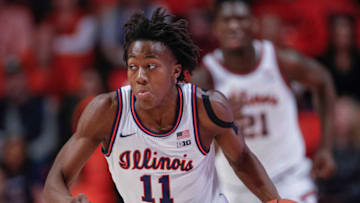 CHAMPAIGN, IL - FEBRUARY 07: Ayo Dosunmu #11 of the Illinois Fighting Illini brings the ball up court during the game against the Maryland Terrapins at State Farm Center on February 7, 2020 in Champaign, Illinois. (Photo by Michael Hickey/Getty Images)