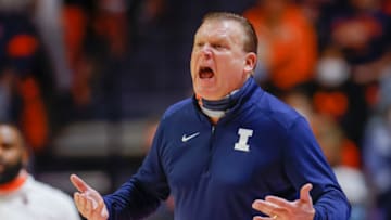 CHAMPAIGN, IL - NOVEMBER 12: Head coach Brad Underwood of the Illinois Fighting Illini is seen during the second half against the Arkansas State Red Wolves at State Farm Center on November 12, 2021 in Champaign, Illinois. (Photo by Michael Hickey/Getty Images)