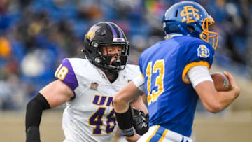 Northern Iowa's Chris Kolarevic (48) runs after SDSU's Keaton Heide (13) during a Missouri Valley Football Conference game on Saturday, Nov. 16, 2019, at Dana J. Dykhouse Stadium in Brookings, S.D.Sdsuvsnortherniowa284