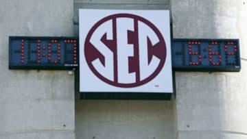 Oct 19, 2013; College Station, TX, USA; A general view of the SEC logo before the game between theTexas A&M Aggies and the Auburn Tigers at Kyle Field. Mandatory Credit: Soobum Im-USA TODAY Sports