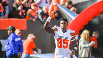 CLEVELAND, OH - OCTOBER 14: David Njoku #85 of the Cleveland Browns runs onto the field during the player introduction prior to the game against the Los Angeles Chargers at FirstEnergy Stadium on October 14, 2018 in Cleveland, Ohio. (Photo by Jason Miller/Getty Images)