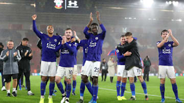 SOUTHAMPTON, ENGLAND - OCTOBER 25: (L-R) Youri Tielemans, James Maddison, Wilfred Ndidi, Marc Albrighton, Harvey Barnes and Ben Chilwell of Leicester City celebrate victory after the Premier League match between Southampton FC and Leicester City at St Mary's Stadium on October 25, 2019 in Southampton, United Kingdom. (Photo by Naomi Baker/Getty Images)