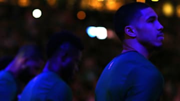 BOSTON, MASSACHUSETTS - JANUARY 02: Jayson Tatum #0 of the Boston Celtics looks on during the national anthem before the game against the Minnesota Timberwolves at TD Garden on January 02, 2019 in Boston, Massachusetts. NOTE TO USER: User expressly acknowledges and agrees that, by downloading and or using this photograph, User is consenting to the terms and conditions of the Getty Images License Agreement. (Photo by Maddie Meyer/Getty Images)