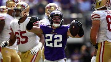 MINNEAPOLIS, MN - SEPTEMBER 09: Harrison Smith #22 of the Minnesota Vikings celebrates after recovering a fumbled ball in the second quarter of the game against the San Francisco 49ers at U.S. Bank Stadium on September 9, 2018 in Minneapolis, Minnesota. (Photo by Hannah Foslien/Getty Images)