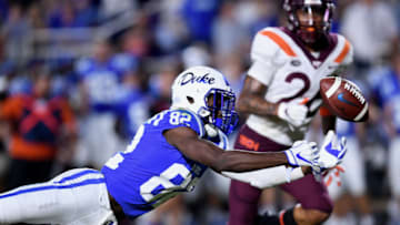 DURHAM, NC - SEPTEMBER 29: James Mitchell #82 of the Virginia Tech Hokies dives for an overthrown pass during their game against the Virginia Tech Hokies at Wallace Wade Stadium on September 29, 2018 in Durham, North Carolina. Virginia Tech won 31-14. (Photo by Grant Halverson/Getty Images)