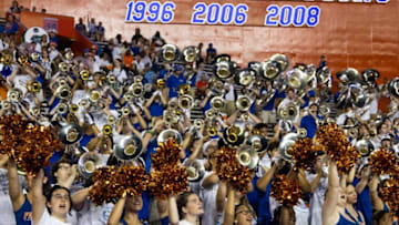 The Florida band cheers and plays during the first half of the University of Florida Orange & Blue game at Ben Hill Griffin Stadium in Gainesville, FL on Thursday, April 13, 2023. [Doug Engle/Gainesville Sun]Ncaa Football Orange And Blue Game